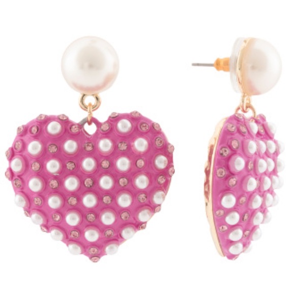 Betsey Johnson Pink Heart Pearl Earrings - Picture 4 of 4